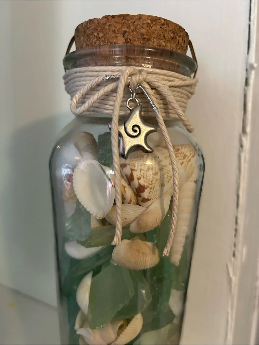 NWT COASTAL Sea Glass & Shell Accent Jar with Charm, Cork Stopper and Cord